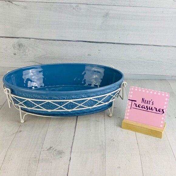 Temptation By Tara Ovenware BOUQUET Blue Oval Stoneware Baker Rack Trivet  Set - Picture 1 of 11